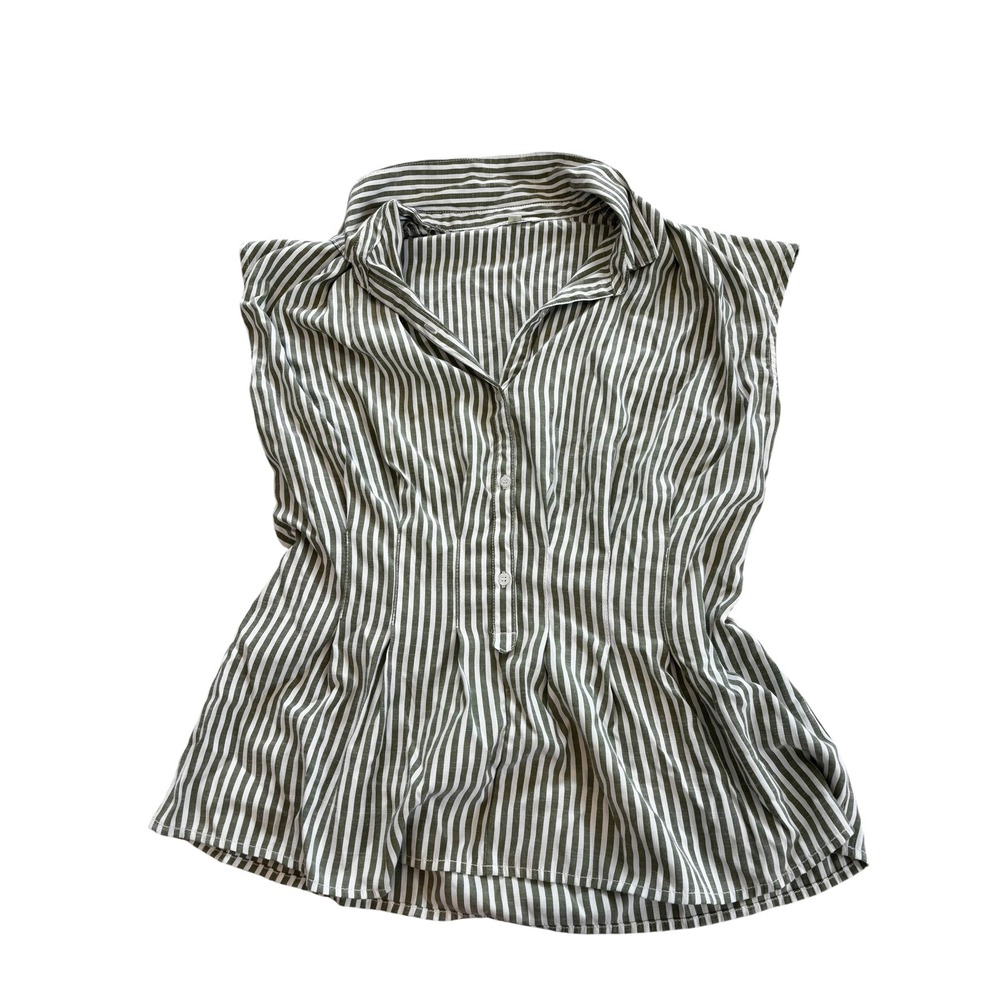 Max Studio London Sleeveless Blouse L Green Stripe Smocked Back Peplum Top